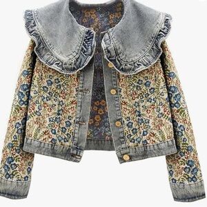 Floral Denim Jacket with Ruffled Collar